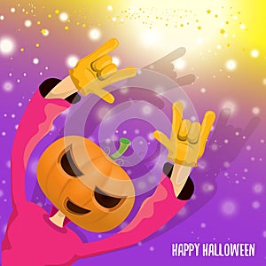 Vector Happy halloween hipster party background. man in halloween costume with carved pumpkin head on violet layout with