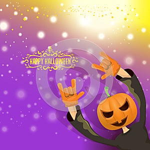 Vector Happy halloween hipster party background. man in halloween costume with carved pumpkin head on violet layout with