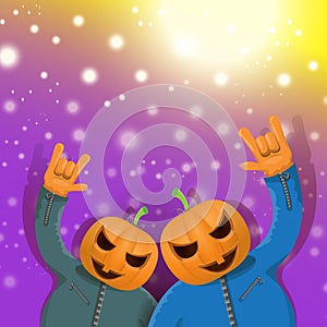 Vector Happy halloween hipster party background. man in halloween costume with carved pumpkin head on violet layout with