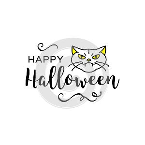 Vector Happy Halloween Inscription, Trendy Halloween lettering and icon witch cat. White background, Vector flat