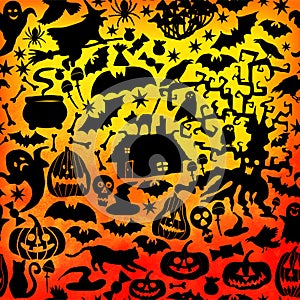 Vector Happy Halloween seamless pattern,classic bundle icons, doodles element for Halloween design. Set of Halloween silhouettes.