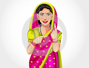 Vector of a happy Indian rural woman showing voted ink marked finger during an election, looking at the camera