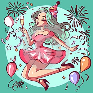 Vector of a happy and joyful woman in a pink dress surronded by balloons and confetti celebrating New Year\'s Eve.