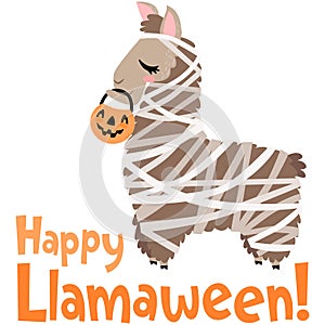 Vector Happy Llamaween Llama Mummy Costume Illustration