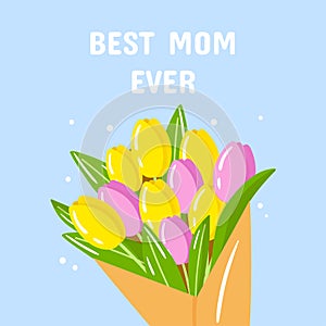 Vector happy mother's day greeting card template. Spring holiday poster, bouquet with tulips flowers on blue