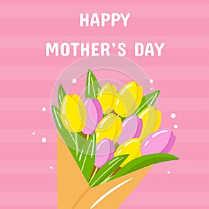 Vector happy mother's day greeting card template. Spring holiday poster, bouquet with tulips flowers on pink