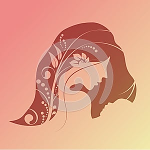 Vector Happy Mother`s Day. Greeting card with woman silhouette and baby silhouette. Floral background.