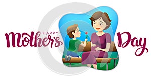 Vector Happy Mother`s Day greeting scene illustration with lettering.