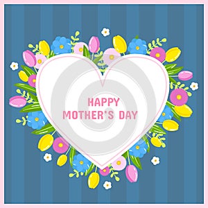 Vector happy mother's day greeting card template. Spring holiday poster heart shape frame with tulips flowers on