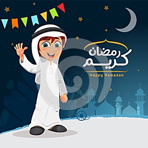 Vector Happy Muslim Arab Khaliji Boy Wearing Djellaba photo