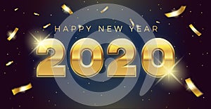 Vector Happy new year 2020 background with golden 3d text and explosion of conffeti. For seasonal holiday web banners, flyers and