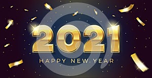 Vector Happy new year 2021 background with golden 3d text and explosion of conffeti. For seasonal holiday web banners, flyers and