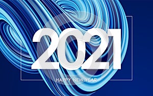 Vector Happy New Year 2021. Greeting card with 3D neon colored abstract twisted fluide shape. Trendy design
