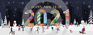 Vector Happy New Year 2021 with winter landscape in city with people celebrating on Chritsmas eve.Winter wonderland in the town