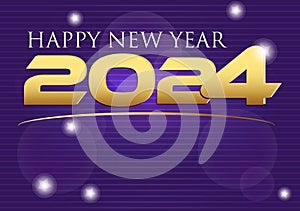 Vector of happy new year 2024 in golden letters on purple background with glitters and lights