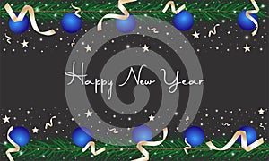 Vector Happy New Year decoration on dark background. Seamless holiday border, frame with fir tree branches
