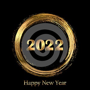 Vector Happy New Year glowing background. Circle frame painted with brush strokes, ink, watercolor and gold christmas