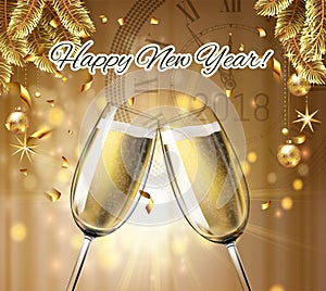 Vector Happy New Year with toasting glasses of champagne on gold shine winter holiday background in realistic style with