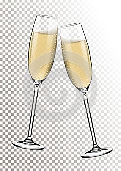 Vector Happy New Year with toasting glasses of champagne on transparent background in realistic style. Greeting card or