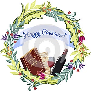 Vector Happy Passover jewish lettering and matza