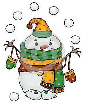 Vector  happy  snowman cartoon playing snowballs.