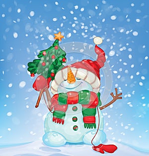 Vector happy snowman and snowfall. Christmas card.