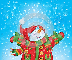 Vector happy snowman and snowfall. Christmas card.