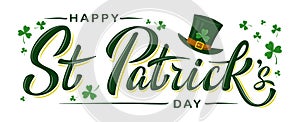 Vector Happy St Patrick`s Day logotype. Hand sketched Irish celebration design with Leprechaun`s green hat and clover leaves