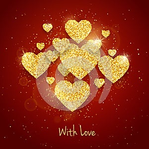 Vector Happy Valentine`s Day greeting card with sparkling glitter gold textured heart on red background