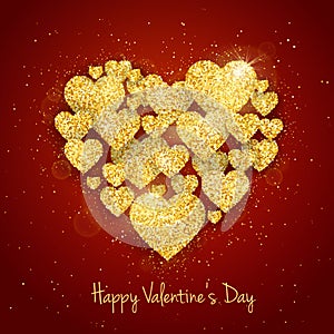 Vector Happy Valentine`s Day greeting card with sparkling glitter gold textured hearts on red background