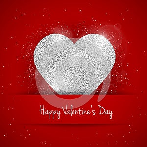 Vector Happy Valentine`s Day greeting card with sparkling glitter silver textured heart on red background