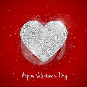 Vector Happy Valentine`s Day greeting card with sparkling glitter silver textured heart on red background