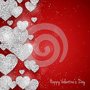 Vector Happy Valentine`s Day greeting card with sparkling glitter silver textured hearts on red background