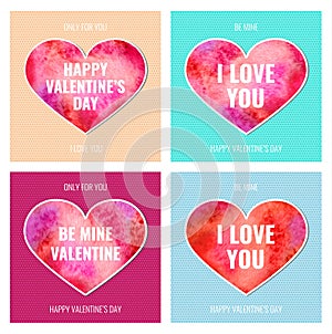 Vector Happy Valentines Day cards set. Vintage Valentines Day Beautiful Cards with painted Watercolor Hearts and messages I Love