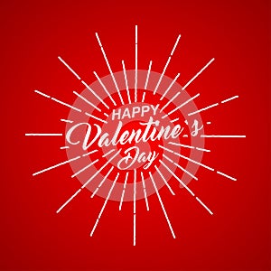 Vector Happy Valentines Day inscription with rays of blast on red background.