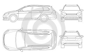 Vector hatchback car in outline. Compact Hybrid Vehicle.