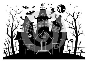 Vector haunted house black and white illustration. Halloween background with silhouette of spooky cottage with big moon, ghosts,