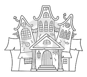 Vector haunted house black and white illustration. Halloween spooky cottage coloring page for kids. Scary Samhain party invitation