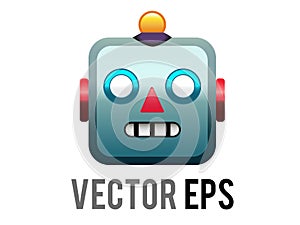 Vector head of classic vintage tin toy grimace robot icon with circular eyes, triangular nose, knobs for ears