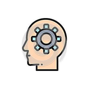 Vector head with gear, brain process, knowledge, idea flat color line icon.