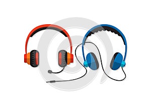 Vector headphones with microphone and wire on white background