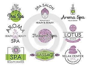 Vector health and beauty care spa badge hand drawn tags and elements set for organic cosmetics, natural products.