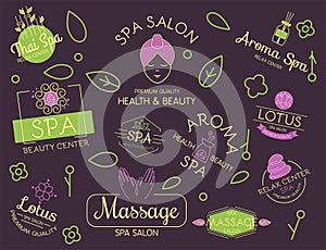 Vector health and beauty care spa badge hand drawn tags and elements set for organic cosmetics, natural products.