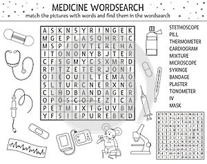 Vector health care outline wordsearch puzzle with pictures. Medicine quiz for children. Educational coloring page or crossword photo