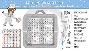 Vector health care wordsearch puzzle with pictures. Medicine quiz for children. Educational crossword activity with cute medical photo