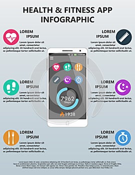 Vector Health And Fitness Smart Phone Application Infographic Featuring Six Buttons With Corresponding Information Areas