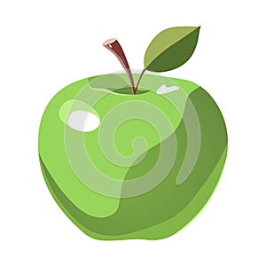 Vector healthy green apple with leaf. Isolated fruit in flat style. Summer clipart for design