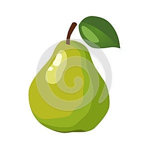 Vector healthy green pear with leaf. Isolated fruit in flat style. Summer clipart for design