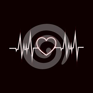 Vector Hearbeat Glowing Icon, Neon Pulsation, Black and White Image.