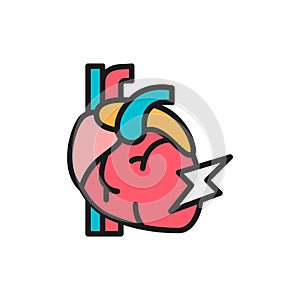 Vector heart attack, myocardial infarction flat color line icon.